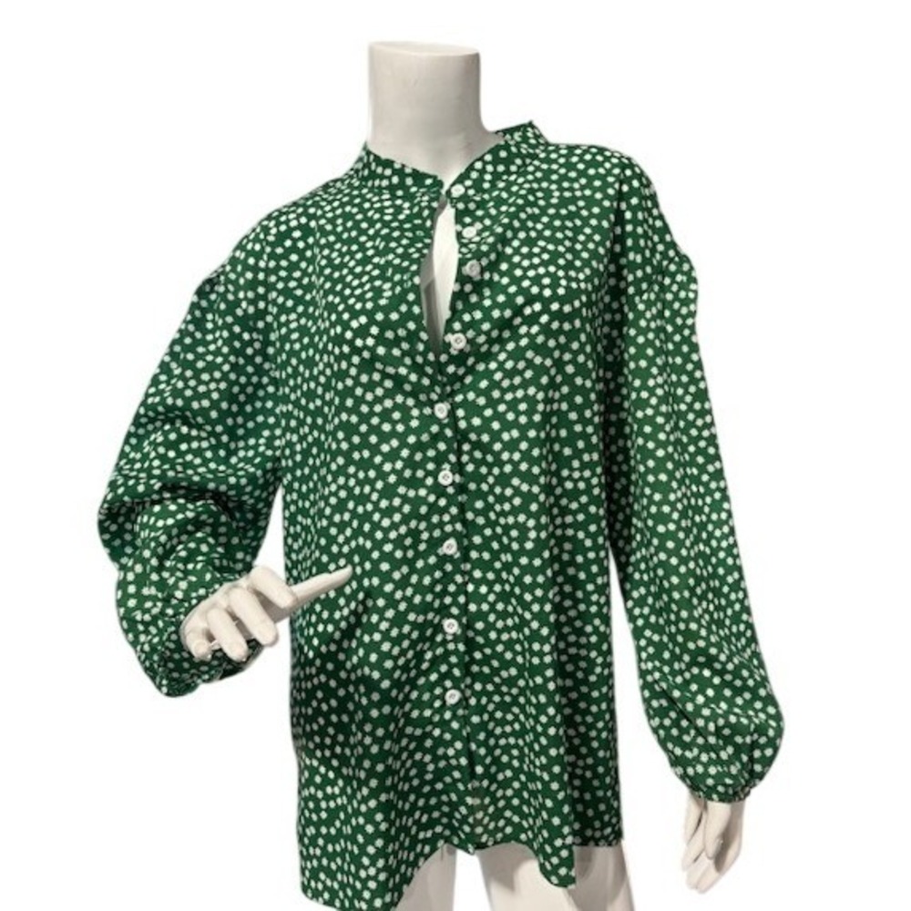 Green Floral Button Down Blouse Long Lantern Sleeve Mandarin Collar Daisy Top